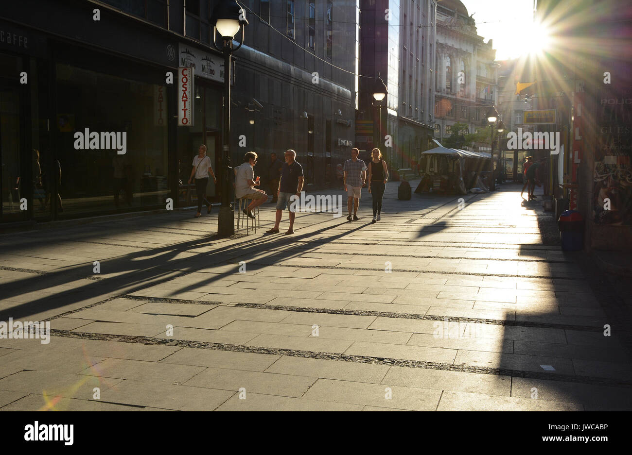 Summer sunset over Knez Mihailova Street or Prince Michael Street, one of the oldest street and famous tourists attraction of the Belgrade city. Stock Photo