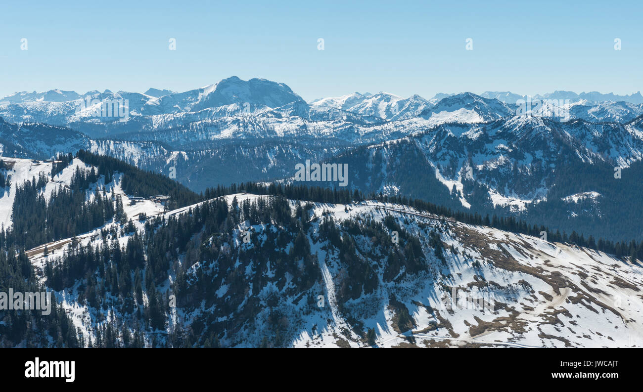 View from the Brecherspitz on pre-Alps with snow, rear Alpenhauptkamm, Schliersee, Upper Bavaria, Bavaria, Germany Stock Photo