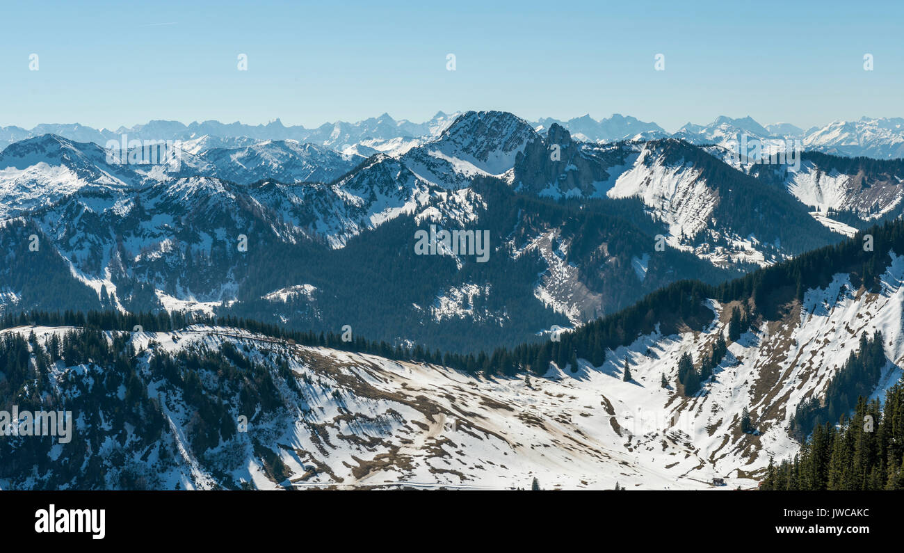 View from the Brecherspitz on pre-Alps with snow, rear Alpenhauptkamm, Schliersee, Upper Bavaria, Bavaria, Germany Stock Photo