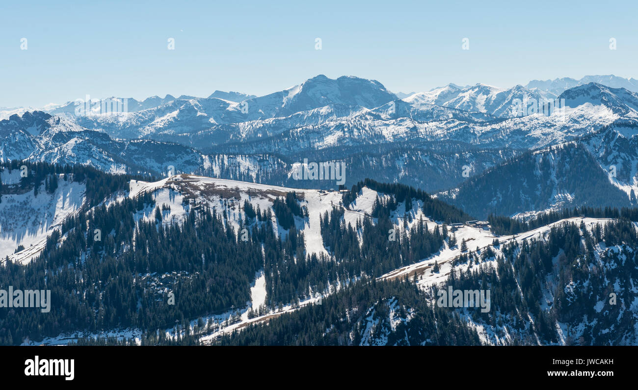 View from the Brecherspitz on pre-Alps with snow, rear Alpenhauptkamm, Schliersee, Upper Bavaria, Bavaria, Germany Stock Photo