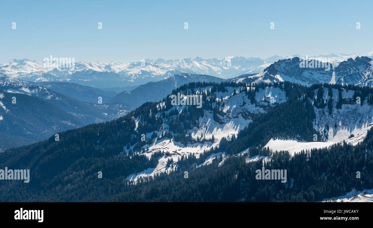View from the Brecherspitz on pre-Alps with snow, rear Alpenhauptkamm, Schliersee, Upper Bavaria, Bavaria, Germany Stock Photo