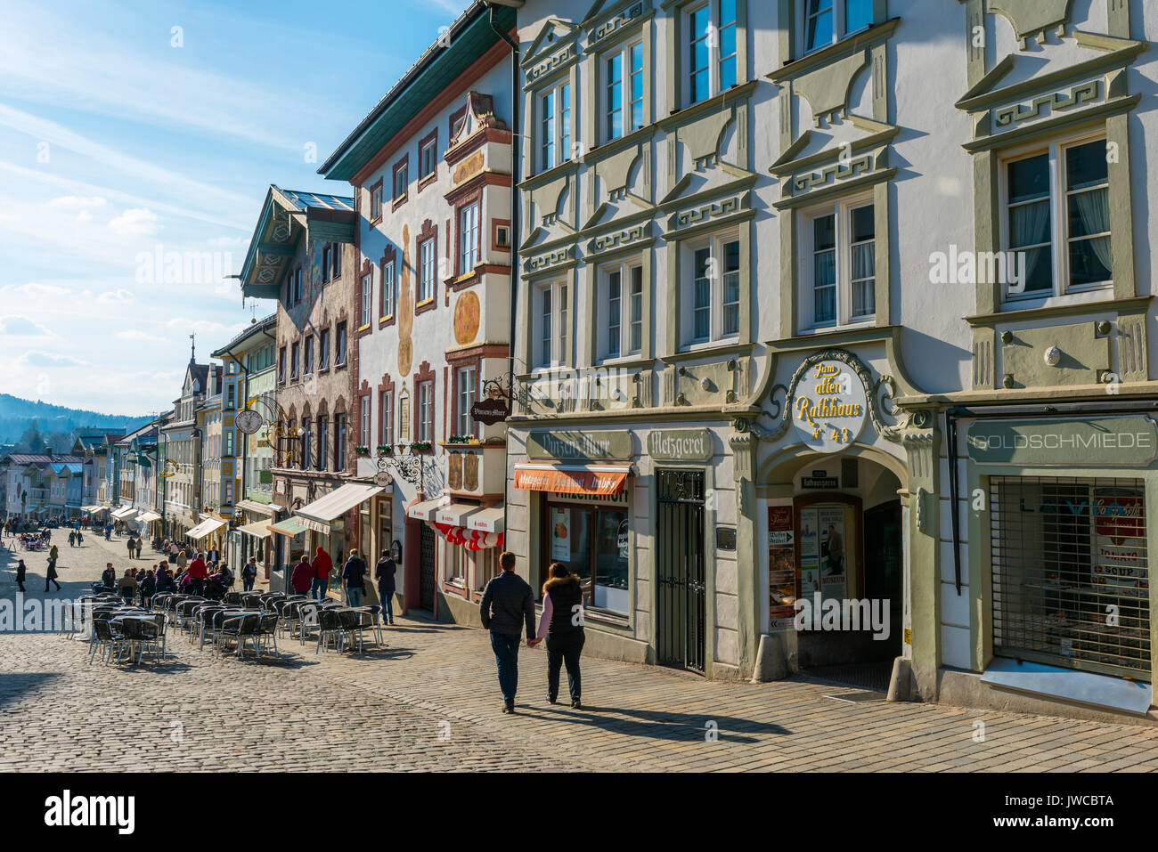 Historic row of houses, pedestrian zone, market street, Bad Tolz, Bavaria, Germany Stock Photo