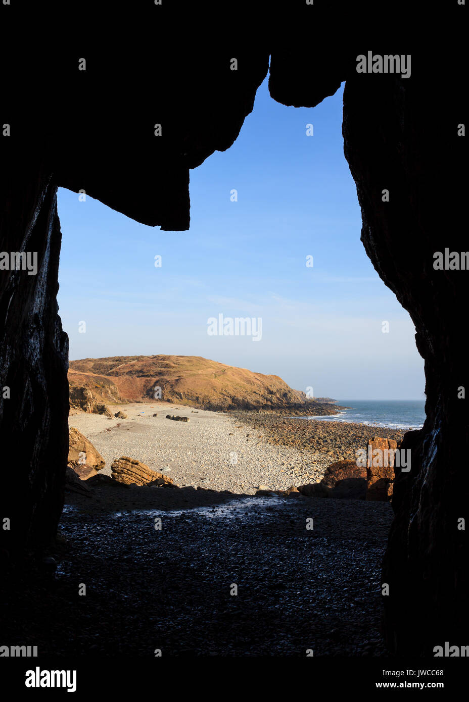 St Ninian's Cave.  The view from St Ninian's cave across Port Castle Bay in Dumfries and Galloway, Southern Scotland. Stock Photo