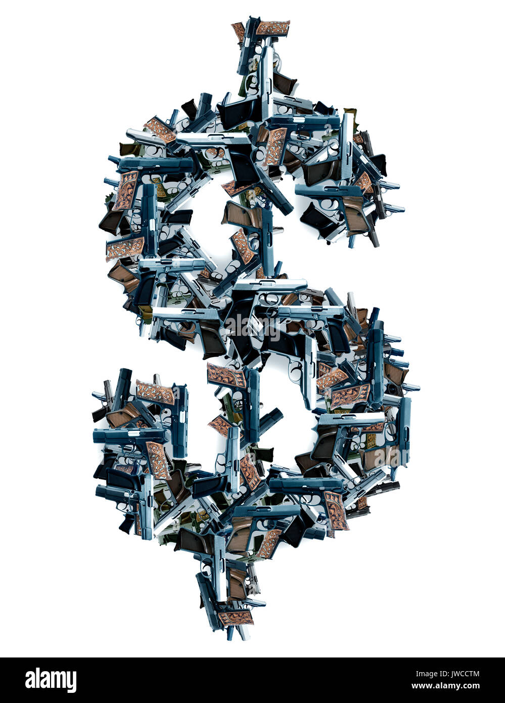 conceptual image of dollar sign with guns over white Stock Photo