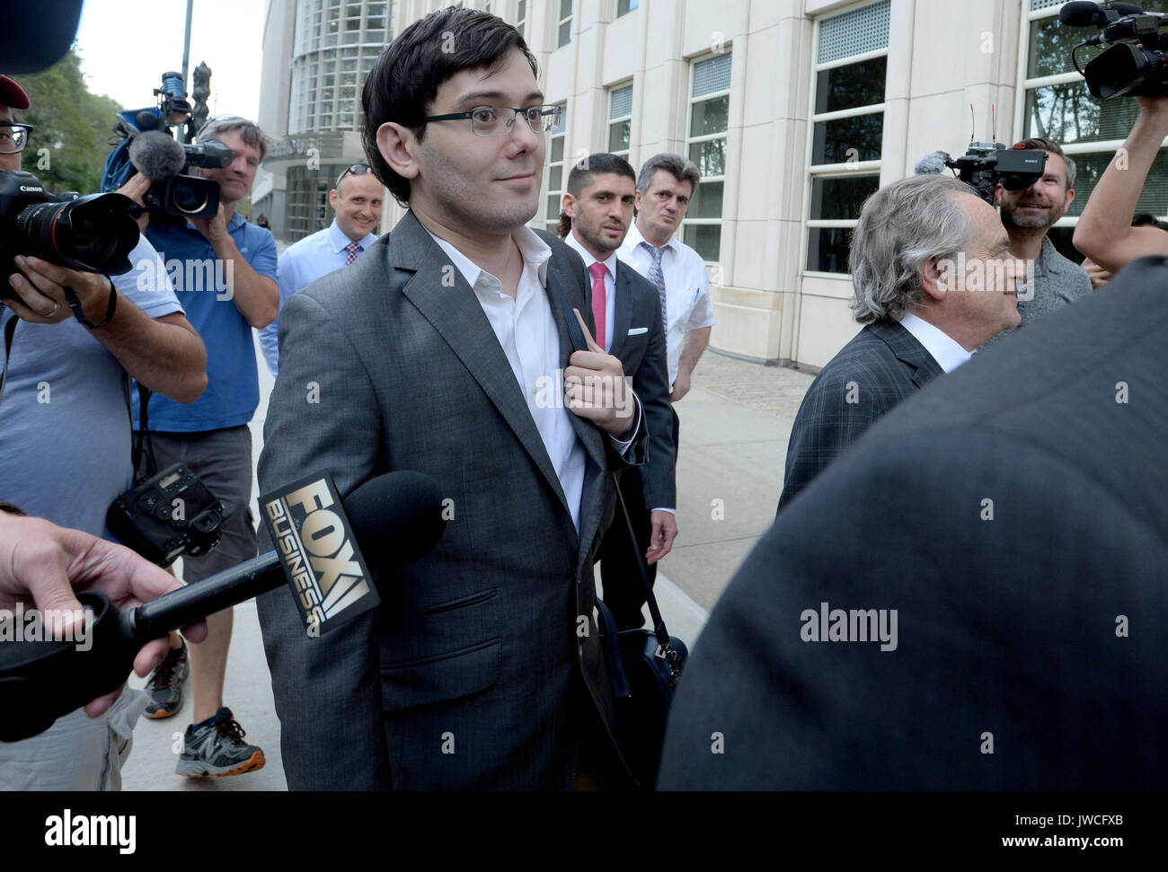 NEW YORK, NY - AUGUST 3: Former Turing Pharmaceuticals CEO Martin Shkreli smiles as he exits the United States Federal courthouse after day four of deliberations in his federal securities fraud trial on August 3, 2017 in New York City. Credit: Dennis Van Tine/MediaPunch Stock Photo