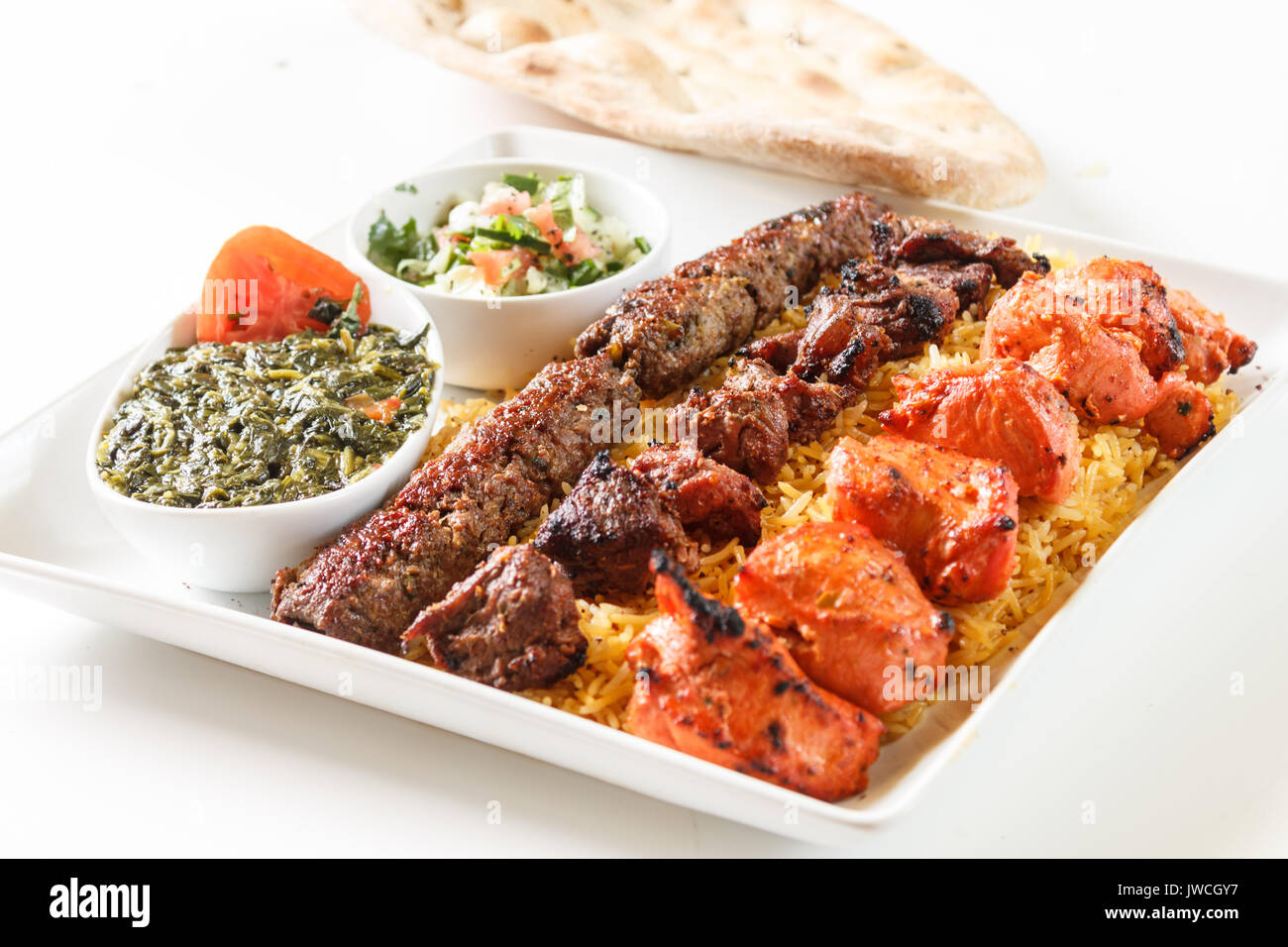 dinner platter with chicken, lamb and kofta kabob meat Stock Photo Alamy