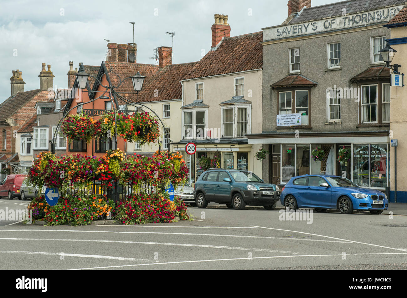 The Thornbury Pump South Gloucestershire, decorated with flowers Stock Photo