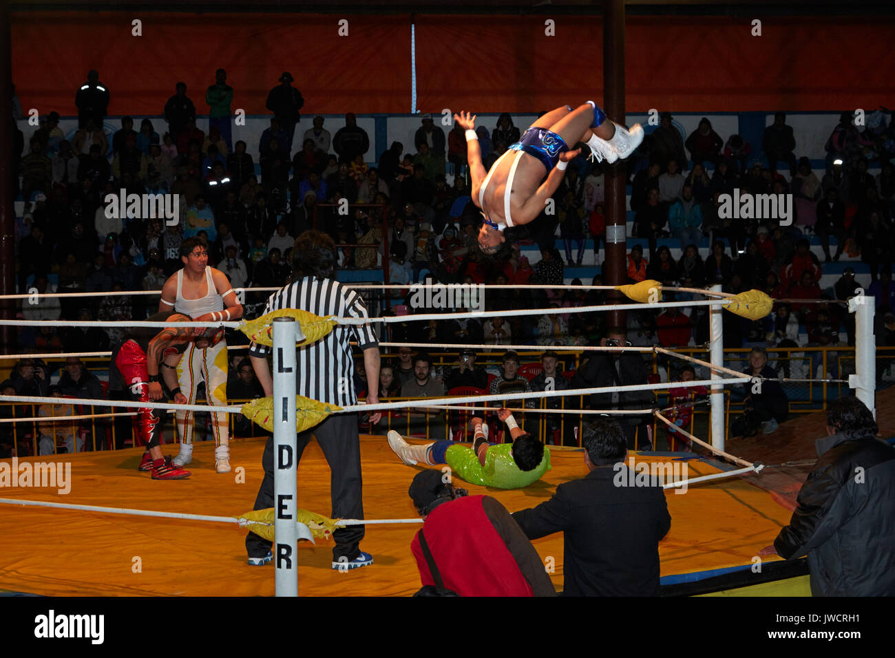Male wrestlers at the Wrestling Cholitas, El Alto, La Paz, Bolivia, South America Stock Photo