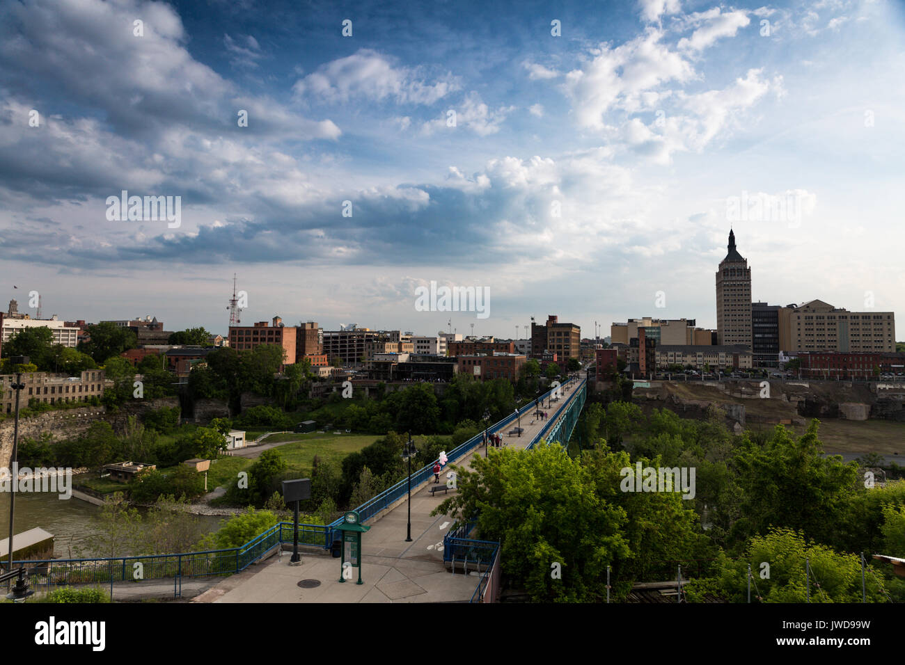 High Falls district in Rochester New York under cloudy summer skies