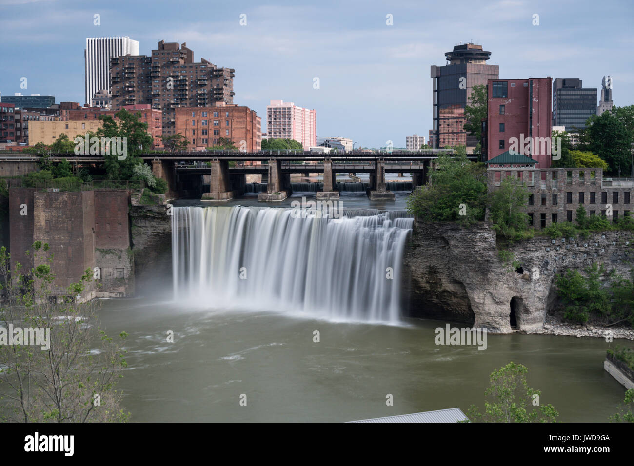 High Falls district in Rochester New York under cloudy summer skies