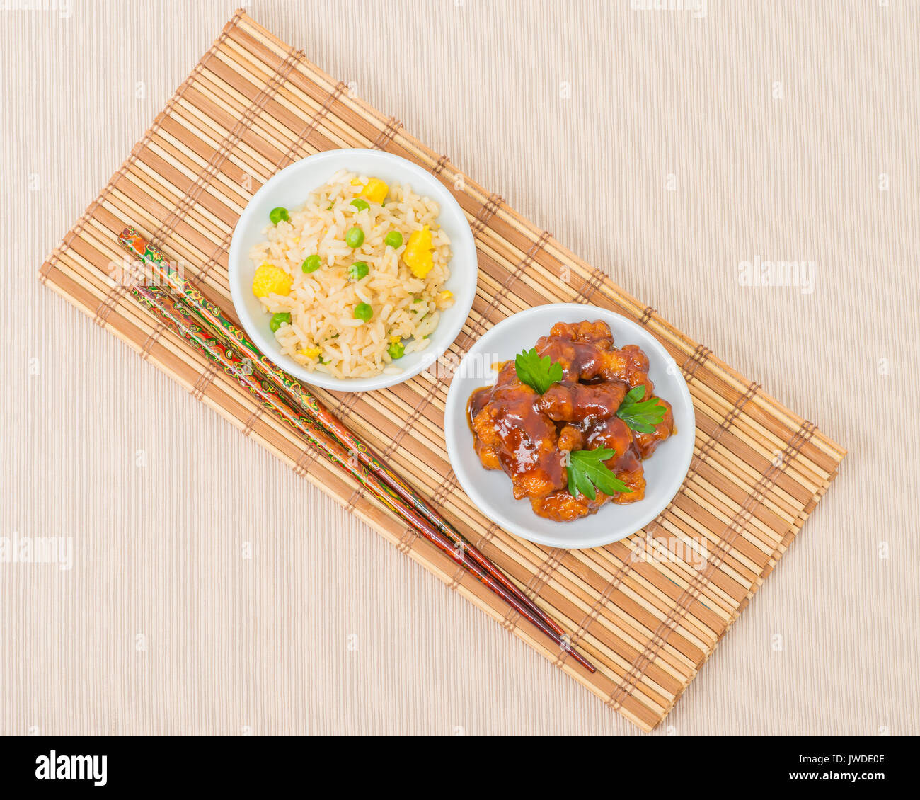 General Tao Rice General Tao chicken and vegetable fried rice photographed from overhead ...