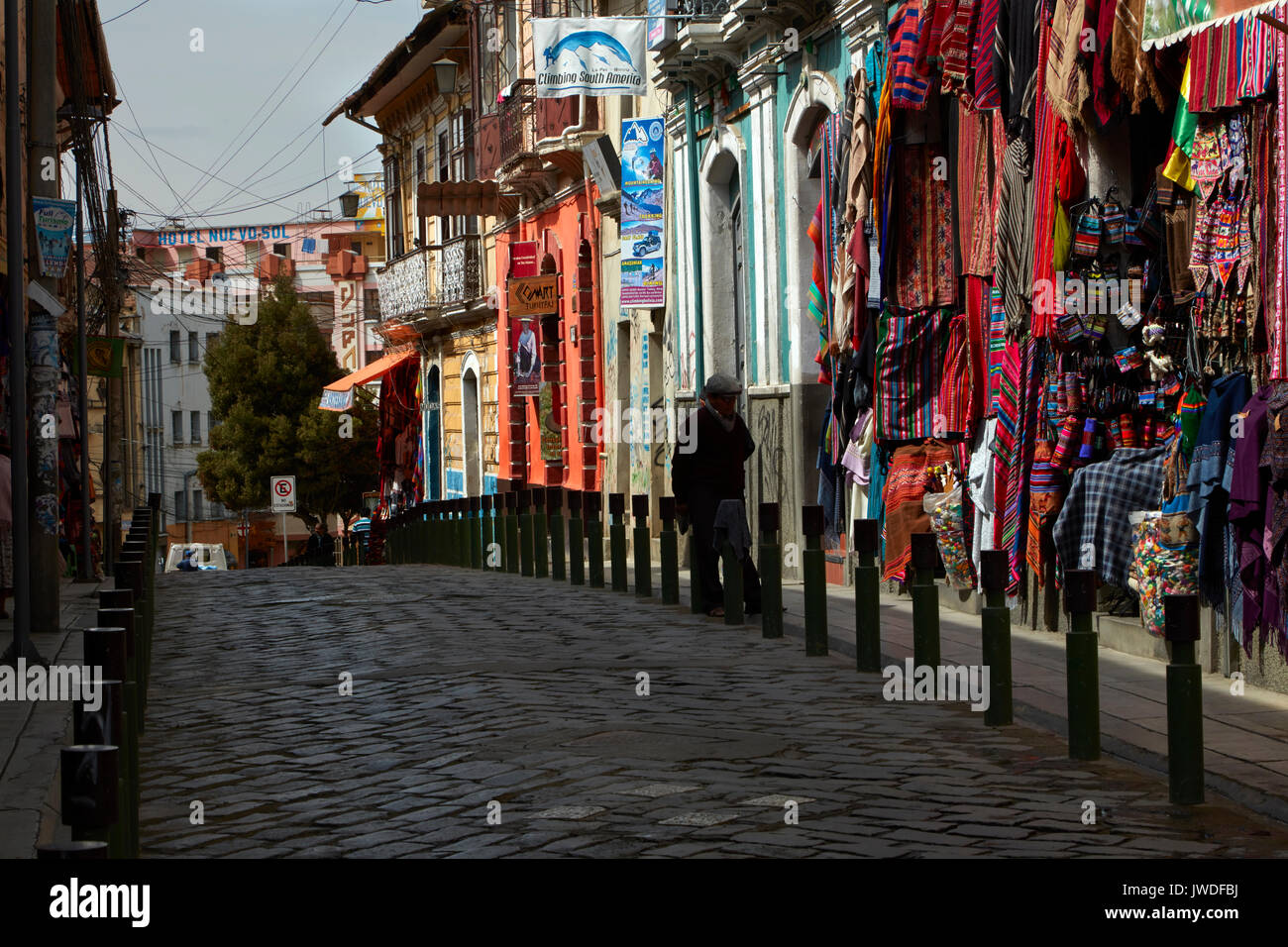 Shops selling Bolivian handicrafts along Linares, Witches Market, La Paz, Bolivia, South America Stock Photo