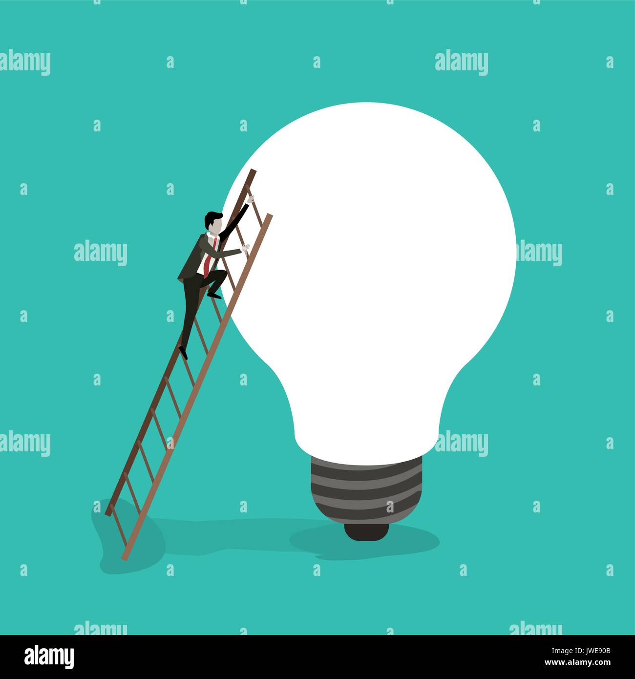 color background with businessman climbing wooden stairs in a big light bulb Stock Vector