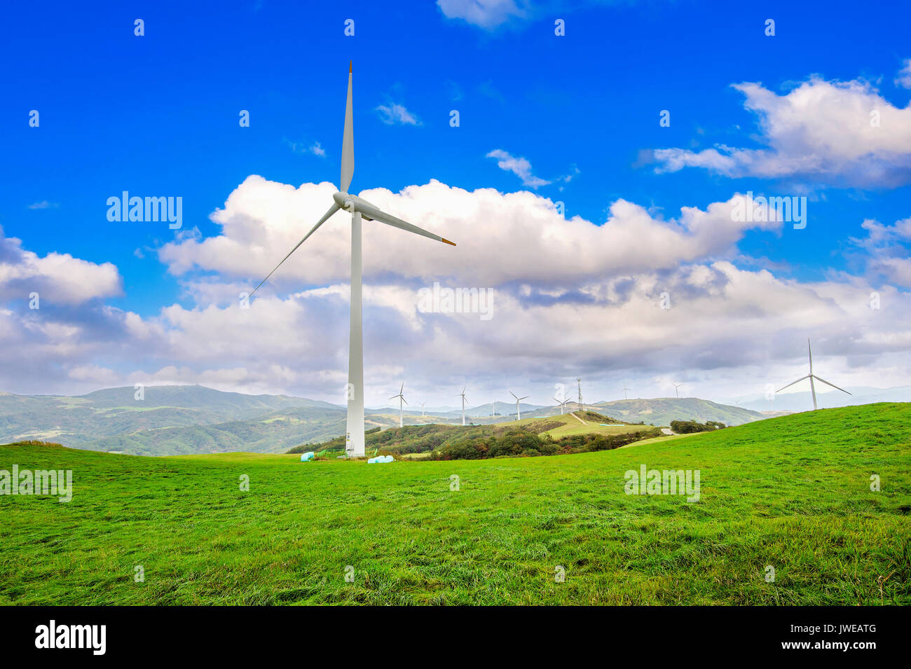 Wind turbines generating electricity.Eco Green Campus in South Korea