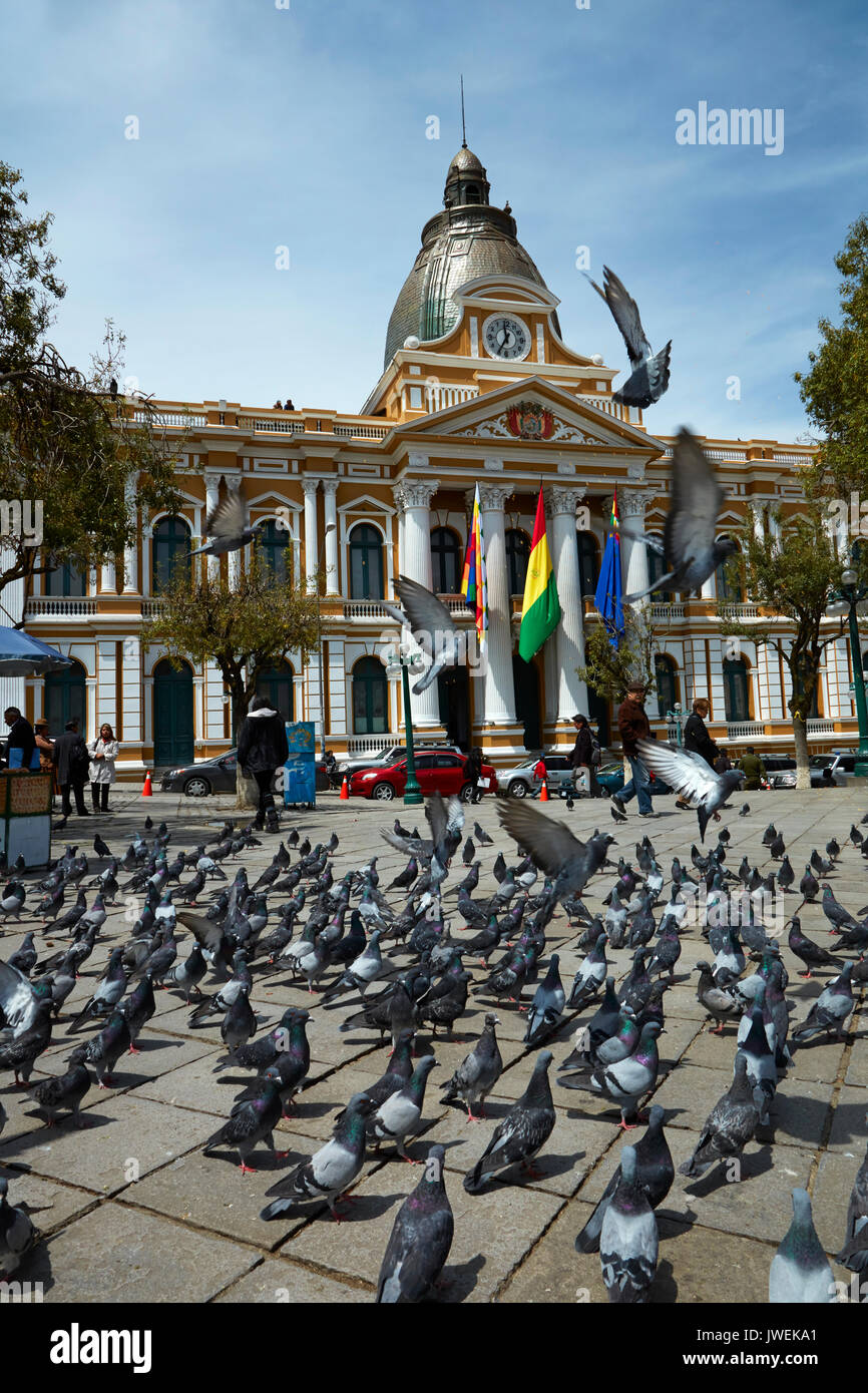 National Congress of Bolivia building, and pigeons in Plaza Murillo, La Paz, Bolivia, South America Stock Photo