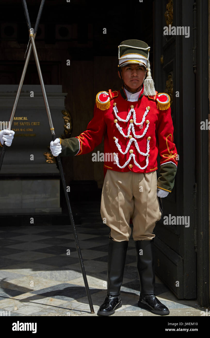 Guard outside the Cathedral Basilica of Our Lady of Peace, Plaza Murillo, La Paz, Bolivia, South America Stock Photo