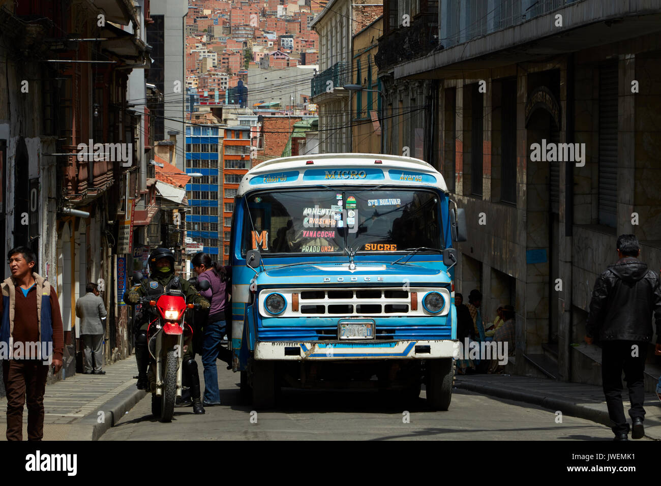Bus on the narrow steep streets of La Paz, Bolivia, South America Stock Photo