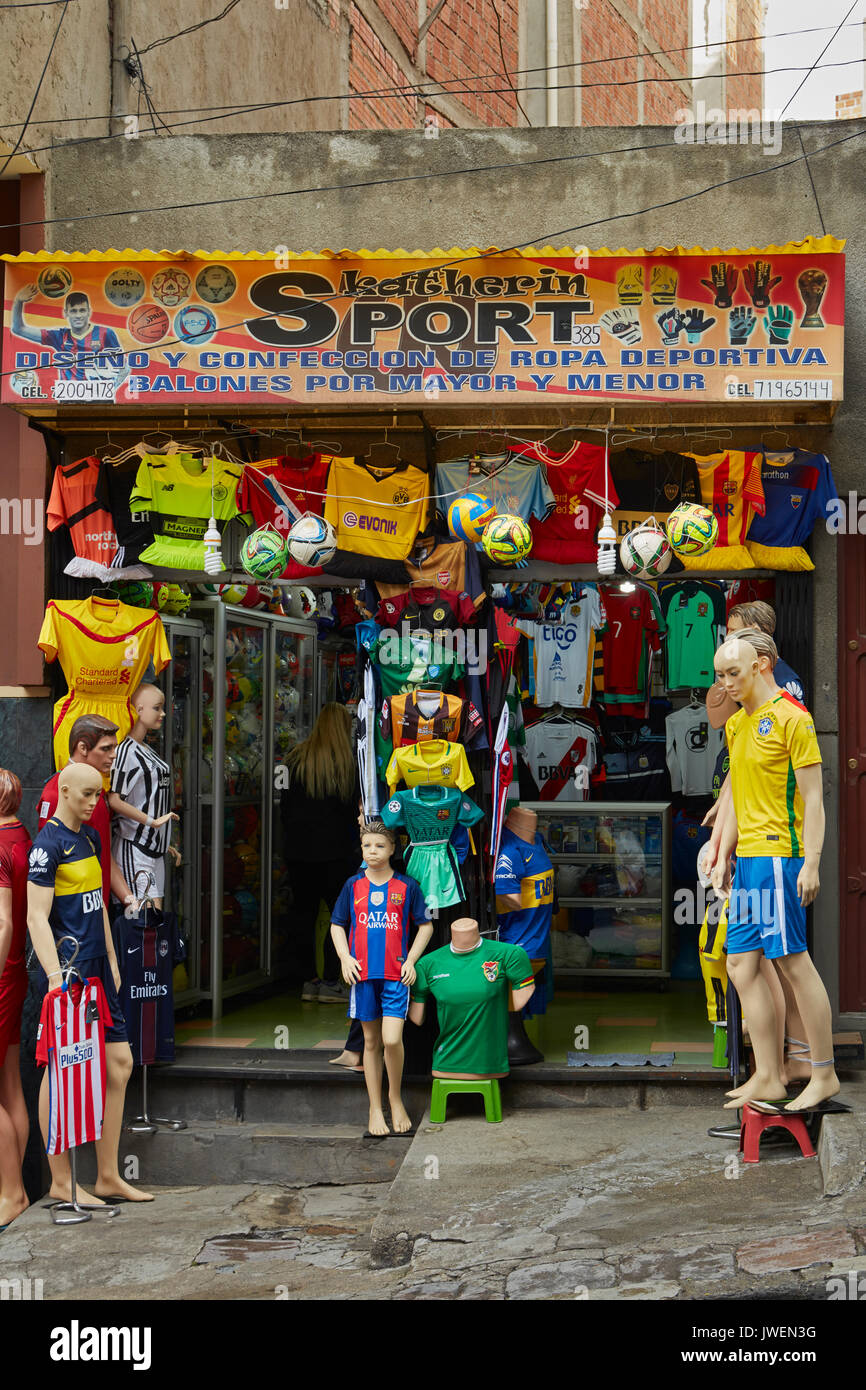 Football shop, Witches Market, La Paz, Bolivia, South America Stock Photo
