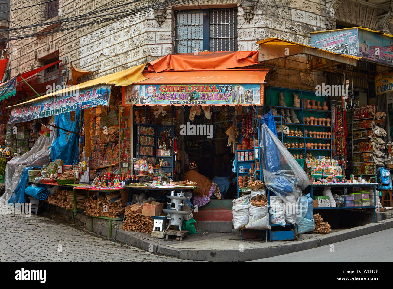 Shop at Witches Market, La Paz, Bolivia, South America Stock Photo