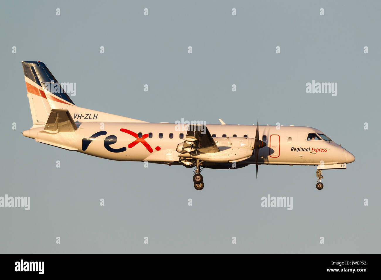 Regional Express (REX) Airlines Saab 340B VH-ZLH on approach to land at Melbourne International Airport. Stock Photo