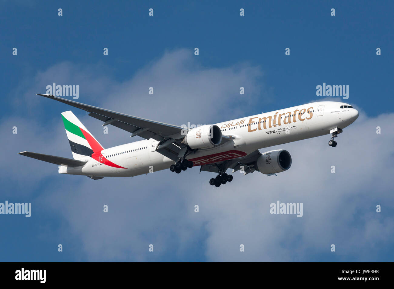 Emirates Boeing 777-31H/ER A6-ECE on approach to land at Melbourne International Airport. Stock Photo