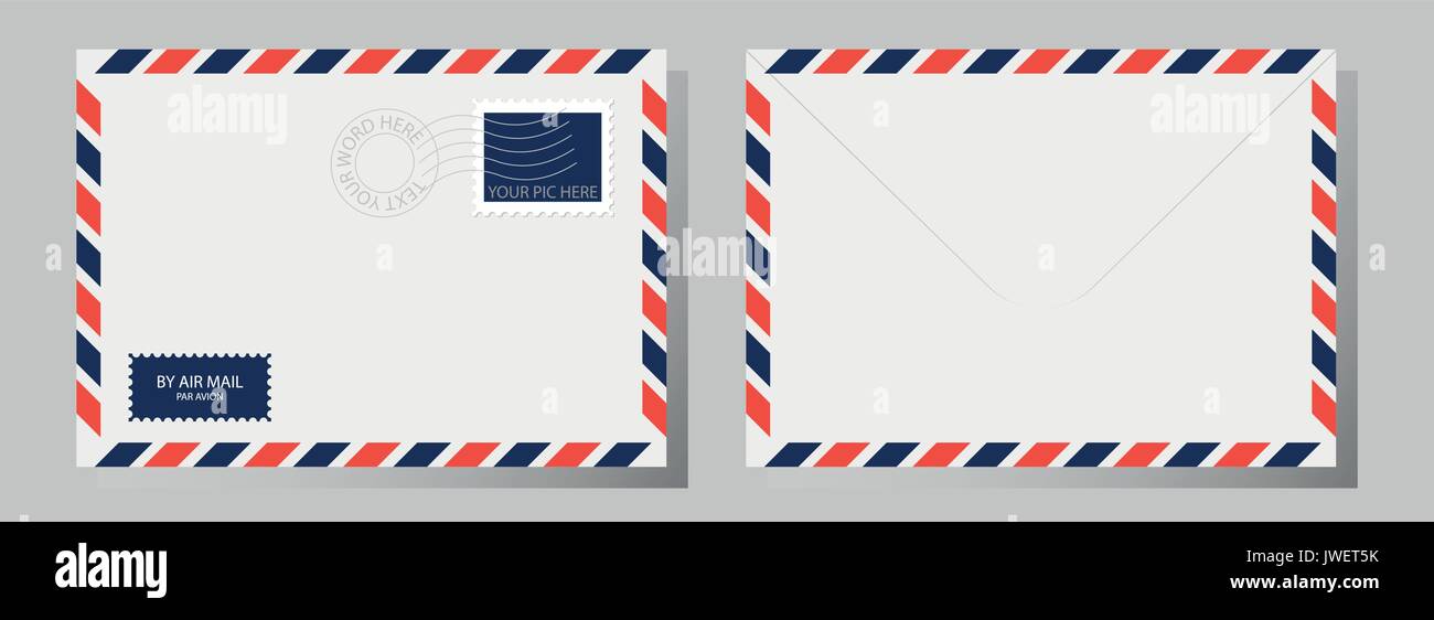 Front and back of classic envelope with stamp, postmark and airmail sign. Vector illustration. Stock Vector
