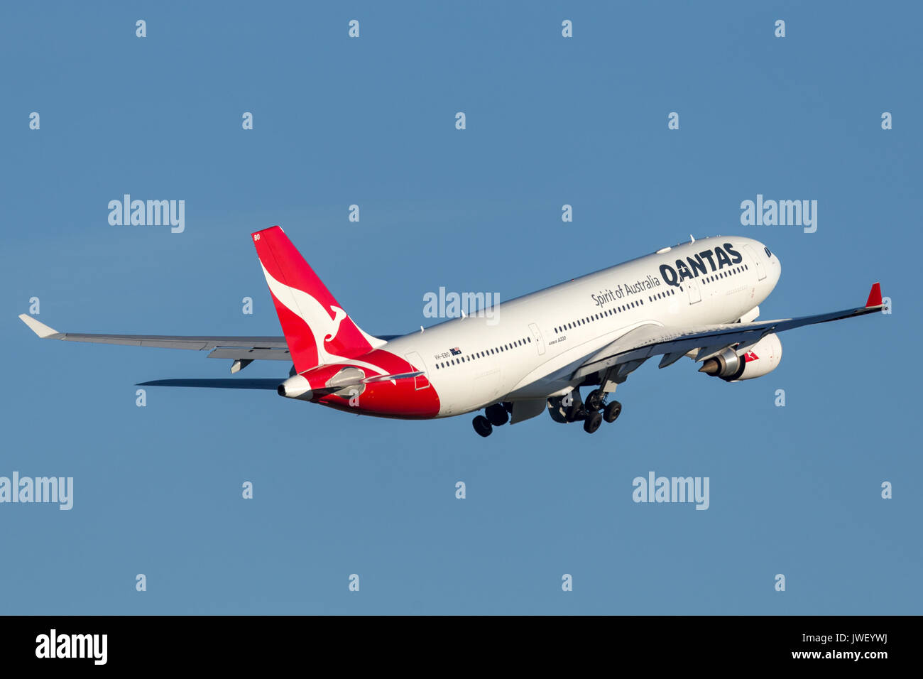 Qantas Airbus A330 aircraft taking off from Sydney Airport. Stock Photo