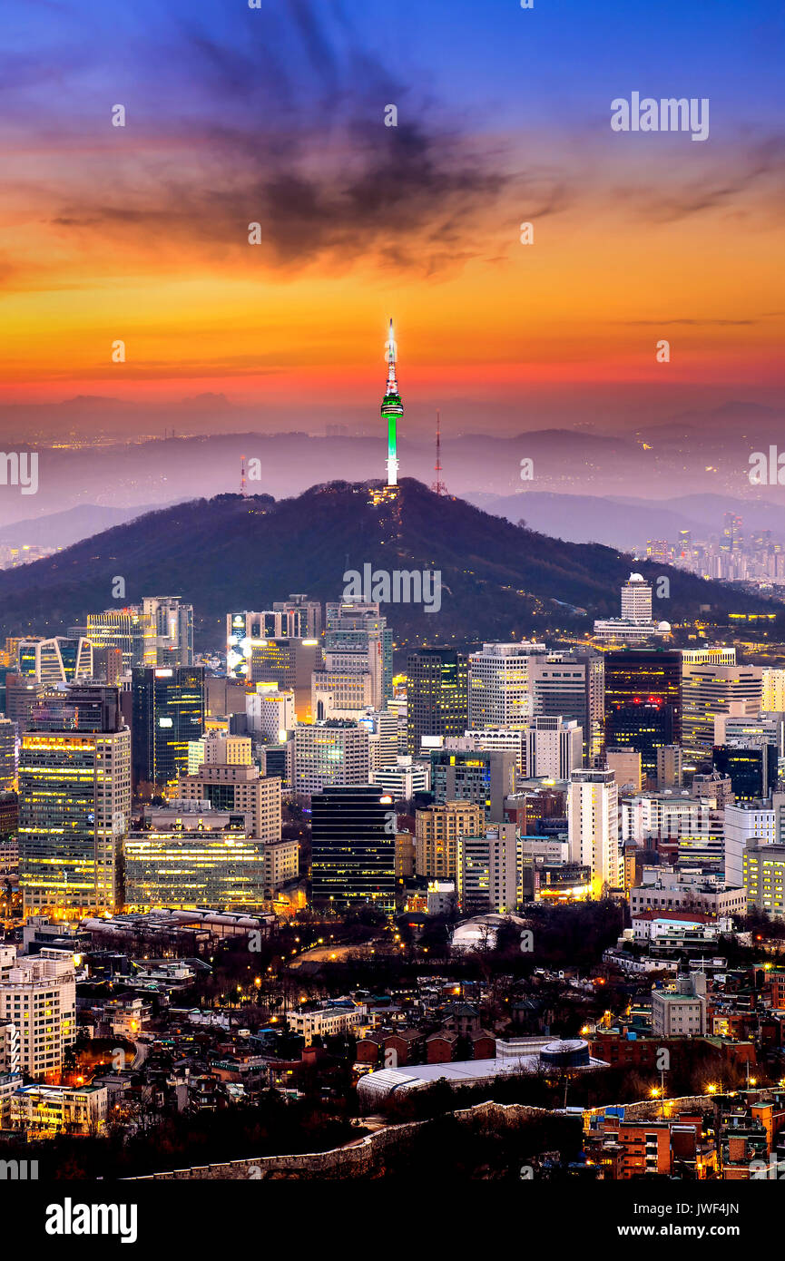 View of downtown cityscape and Seoul tower in Seoul, South Korea. Stock Photo