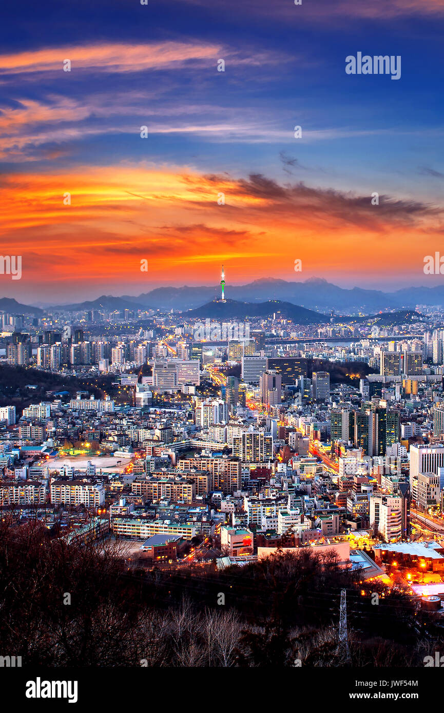 View of downtown cityscape and Seoul tower in Seoul, South Korea. Stock Photo