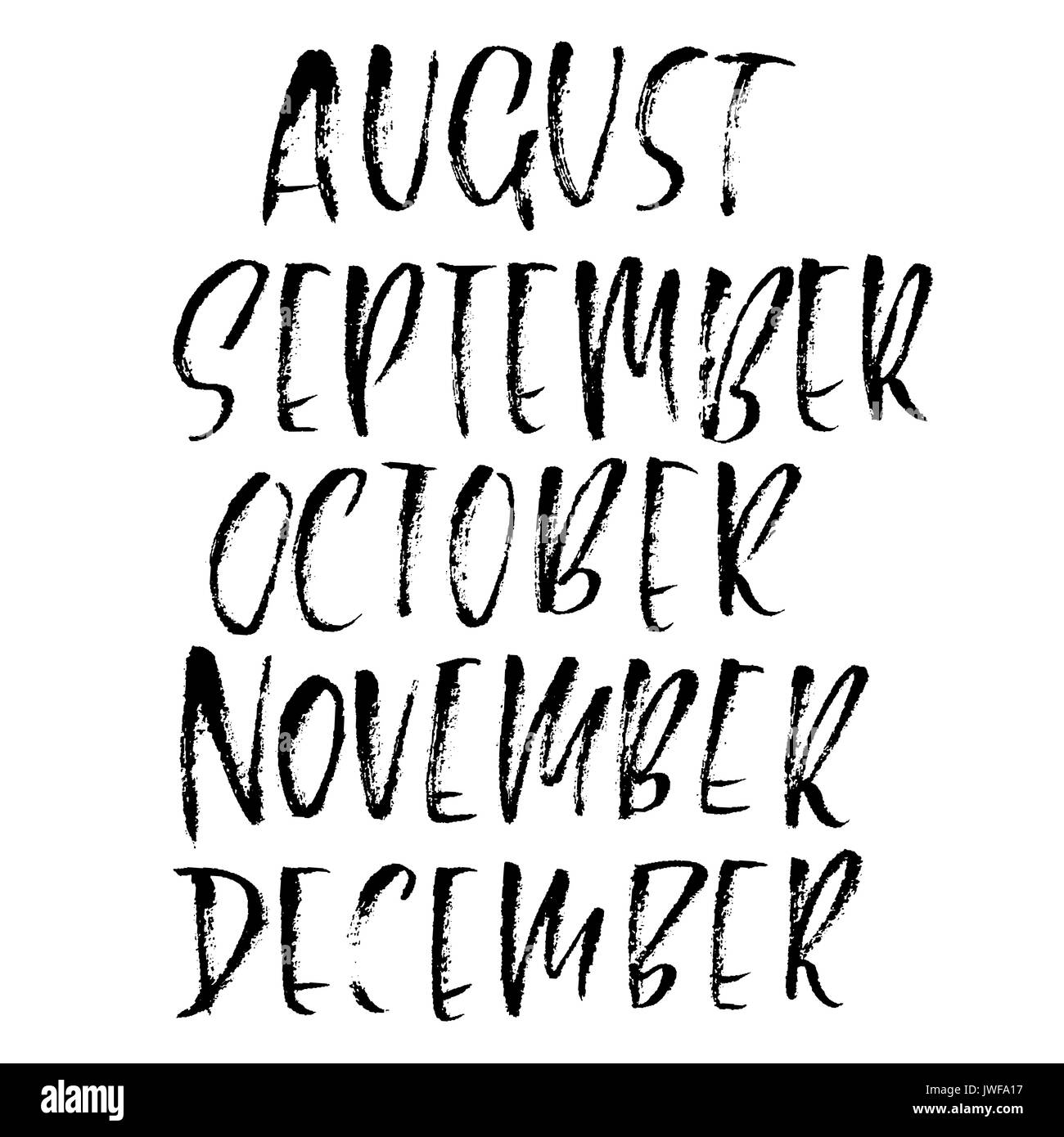 Hand drawn set of months. Modern dry brush lettering. Names of the ...