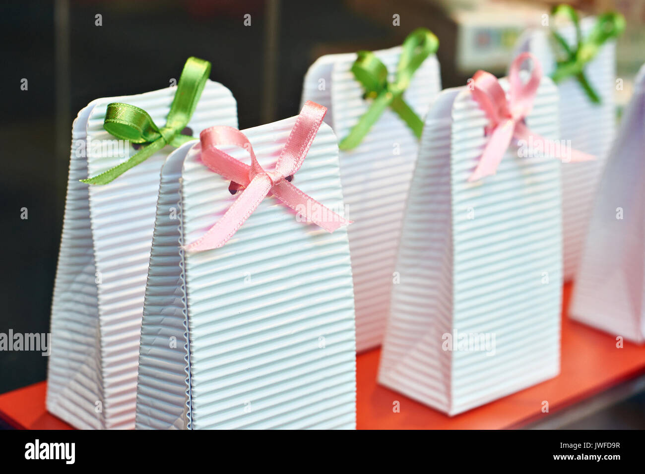 Cardboard boxes with bows for gifts Stock Photo