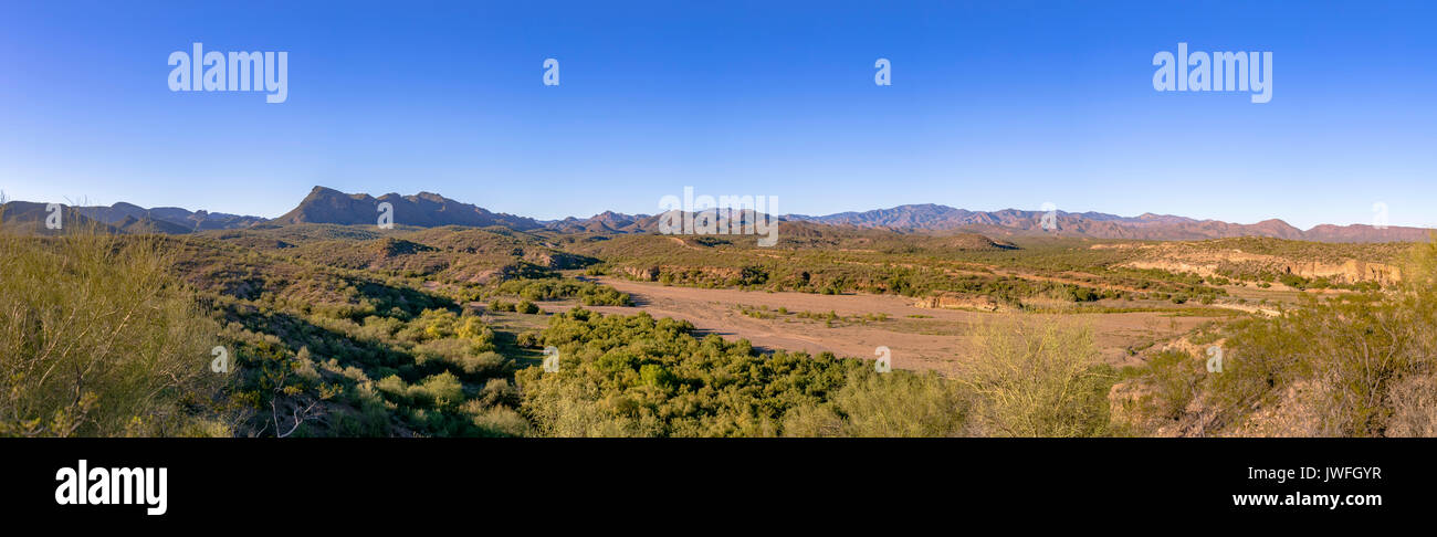 Arizona wilderness panoramic of an empty river bed. Off the trail in Arizona Stock Photo