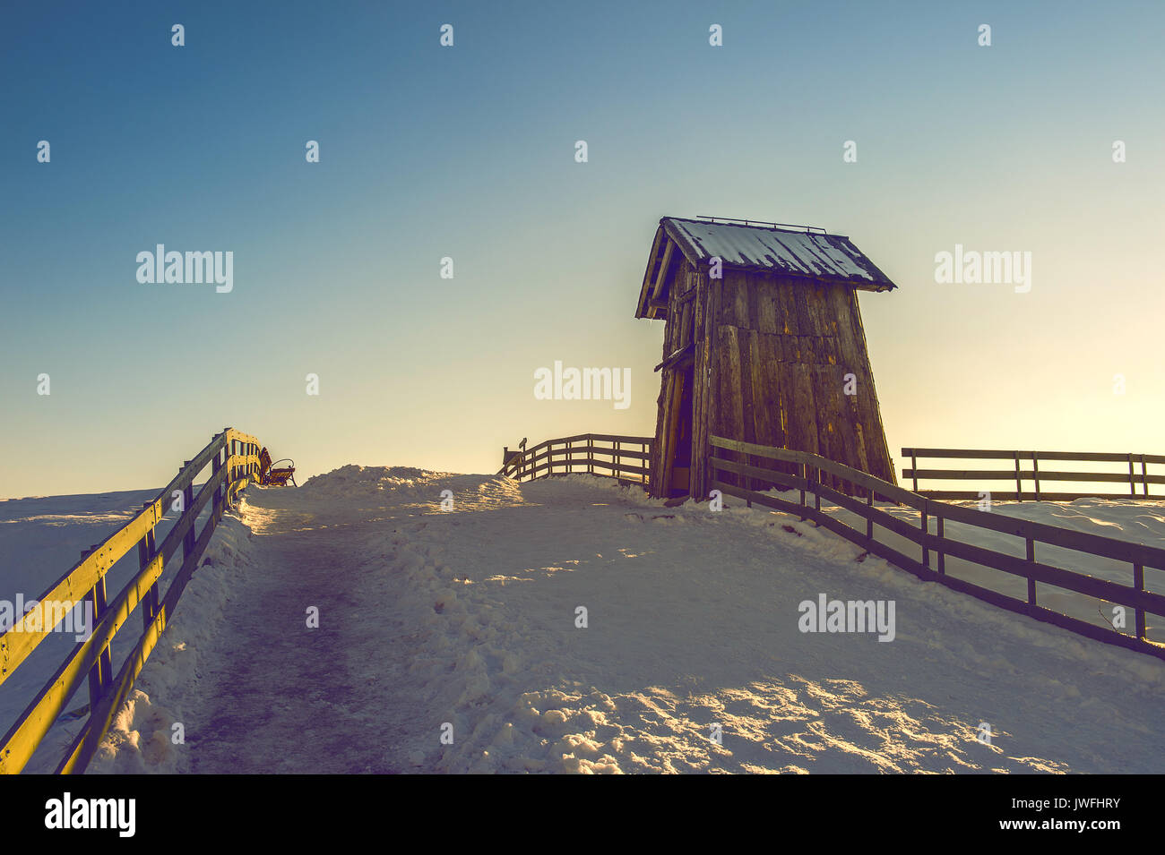 Wooden cottage in winter. Daegwallyeong Sheep Farm in Gangwondo, South Korea. Vintage tone Stock Photo