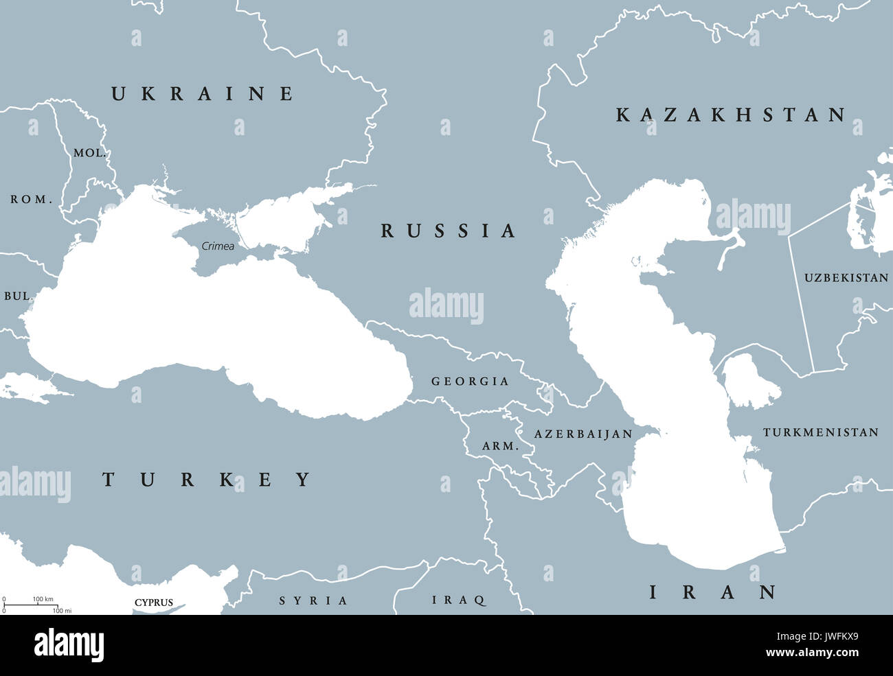 Black Sea and Caspian Sea region political map with countries, borders and  English labeling. Bodies of water between Eastern Europe and Western Asia  Stock Photo - Alamy