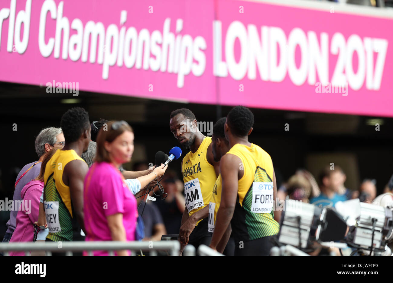 Jamaica's Usain Bolt after competing in the Men's 4x100m Relay during day nine of the 2017 IAAF World Championships at the London Stadium. PRESS ASSOCIATION Photo. Picture date: Saturday August 12, 2017. See PA story ATHLETICS World. Photo credit should read: Jonathan Brady/PA Wire. Stock Photo