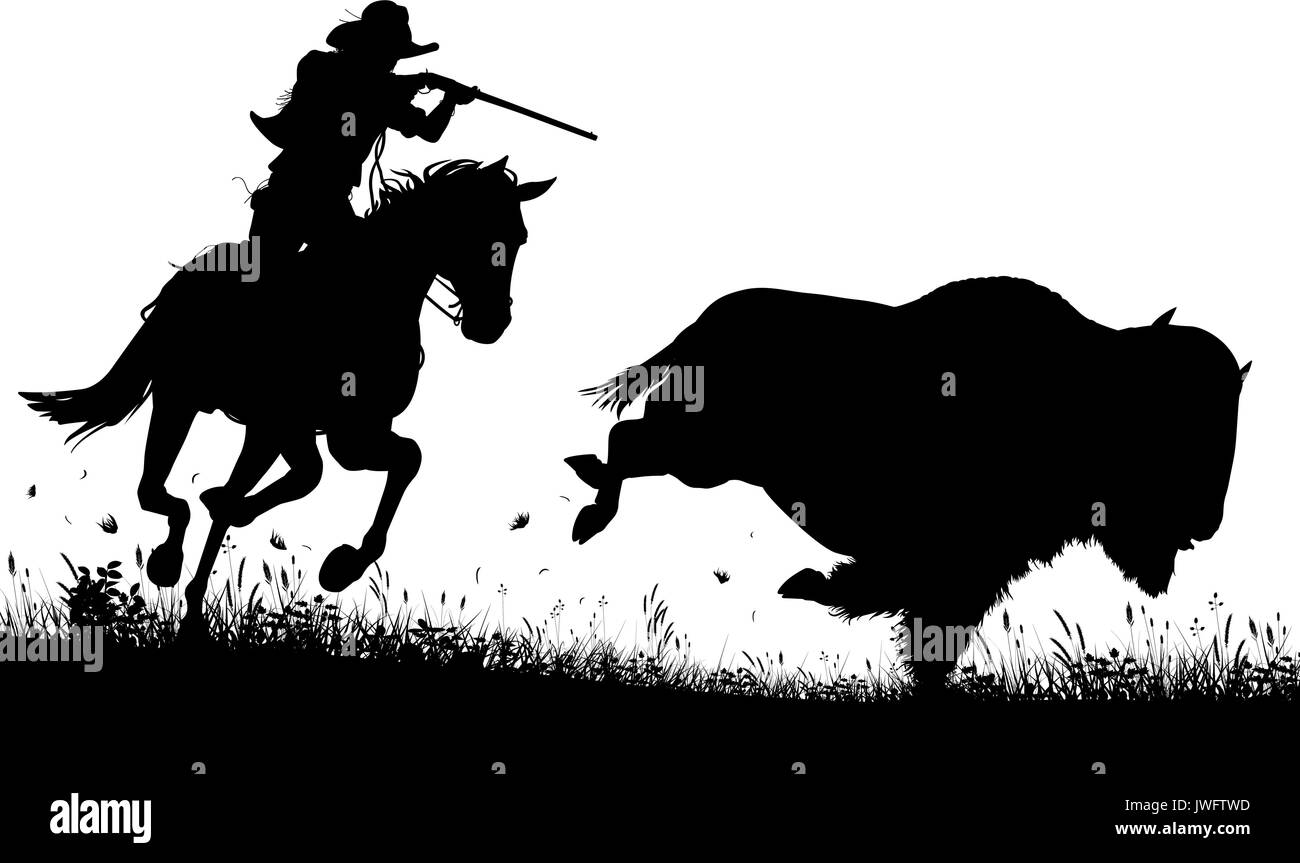 Editable vector silhouette of a cowboy on horseback chasing and about to shoot an American buffalo Stock Vector
