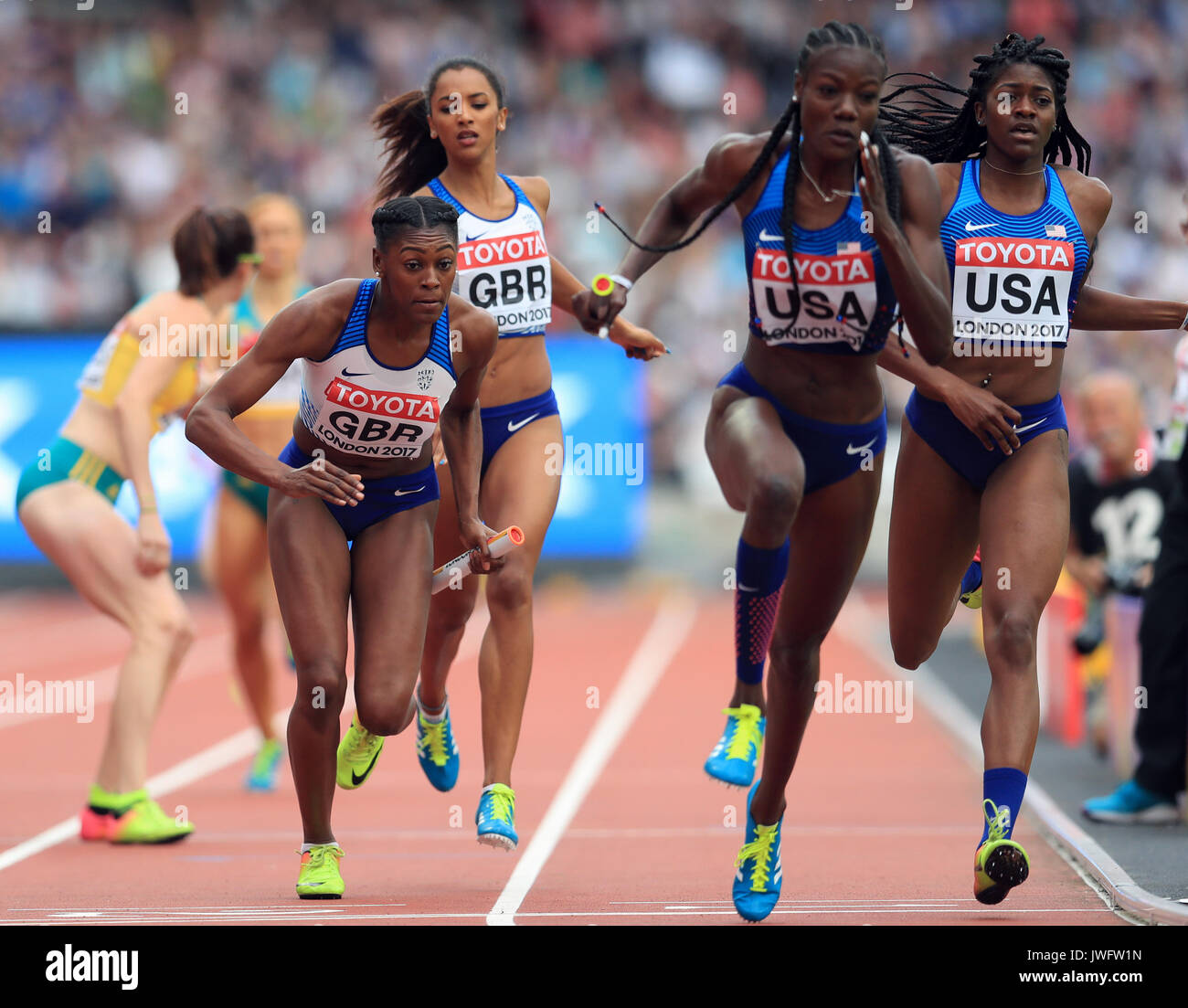 Great Britain's Perri Shakes Drayton and Laviai Nielsen in the Women's 4x100m Relay heat one during day nine of the 2017 IAAF World Championships at the London Stadium. Stock Photo