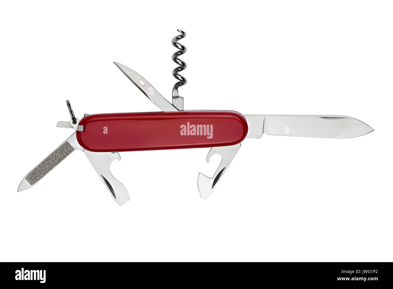 red iconic multitools swiss army  knife on white background Stock Photo