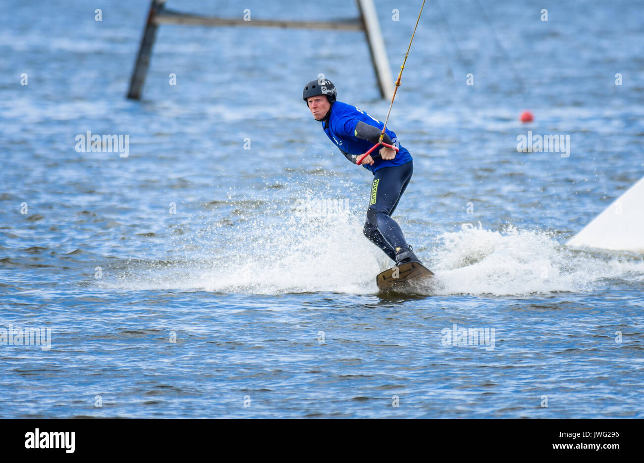 Wakeboarding via a cable tow system at Chasewater, Staffordshire, UK