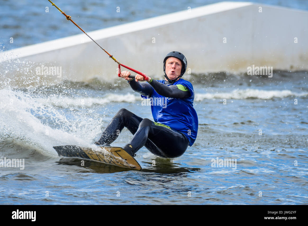 Wakeboarding via a cable tow system at Chasewater, Staffordshire, UK