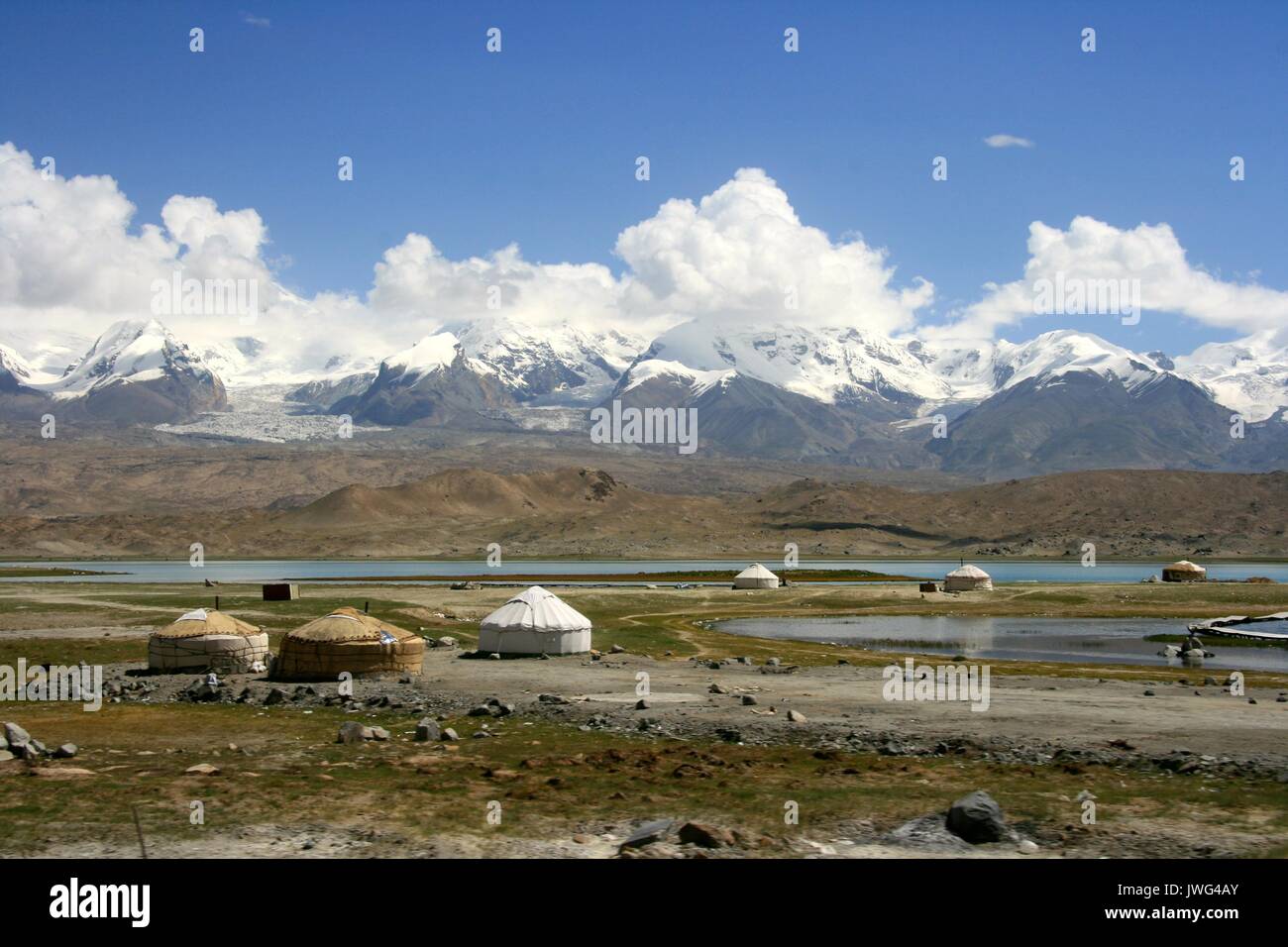 Yurts in front of Karakul Lake near Kashgar Stock Photo