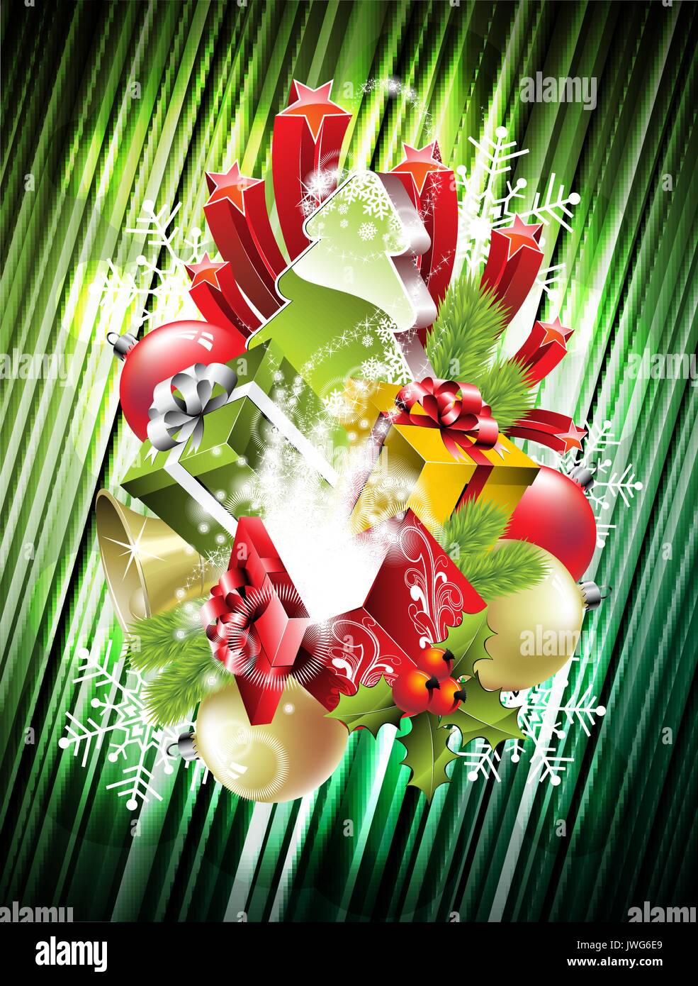 Vector Christmas illustration with magic gift boxes and shiny holiday ...