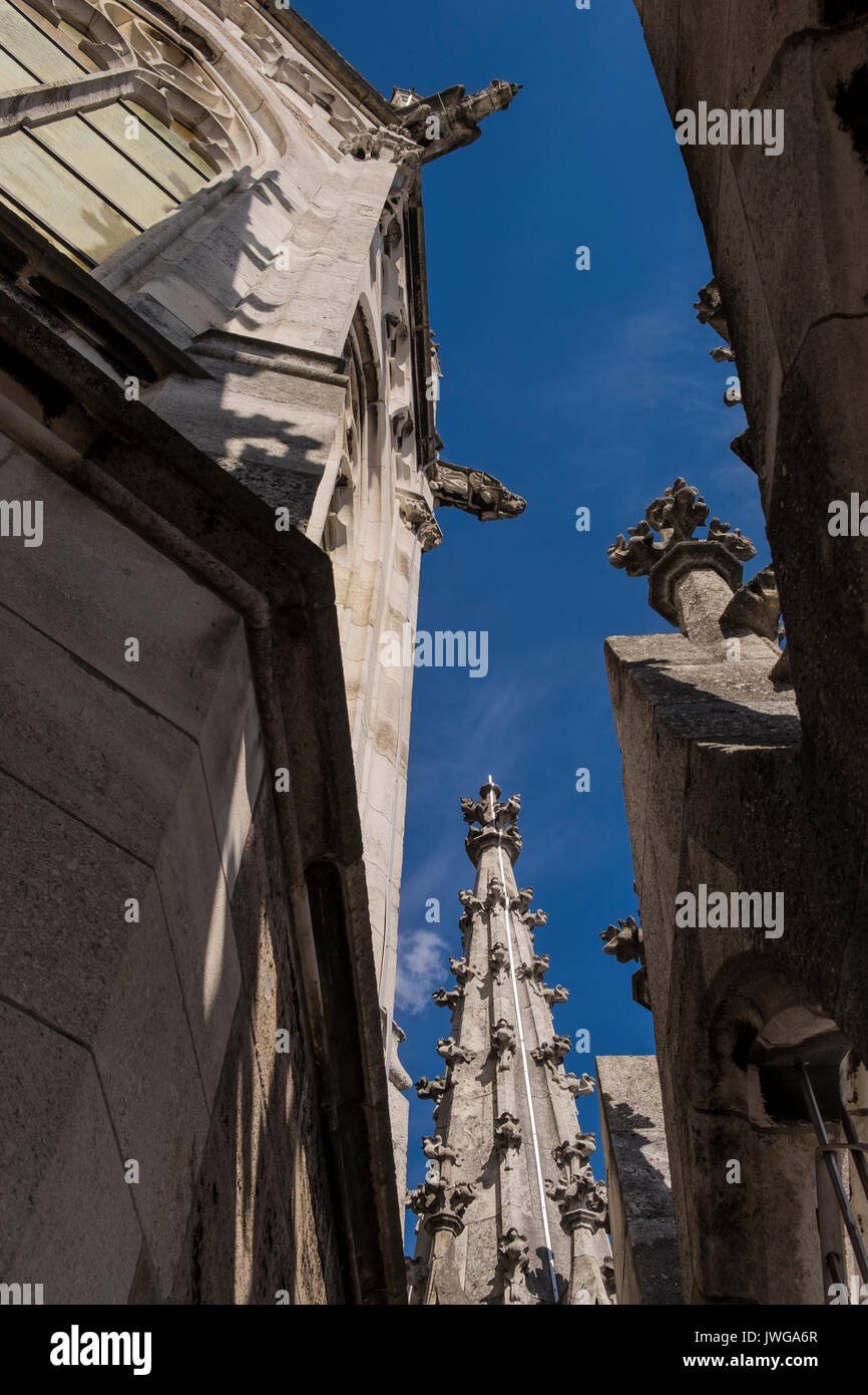Details of the upper spires of the gothic style clock tower on the neues rathaus, new town hall, in Marienplatz, Marien square, munich, Bavaria, germa Stock Photo