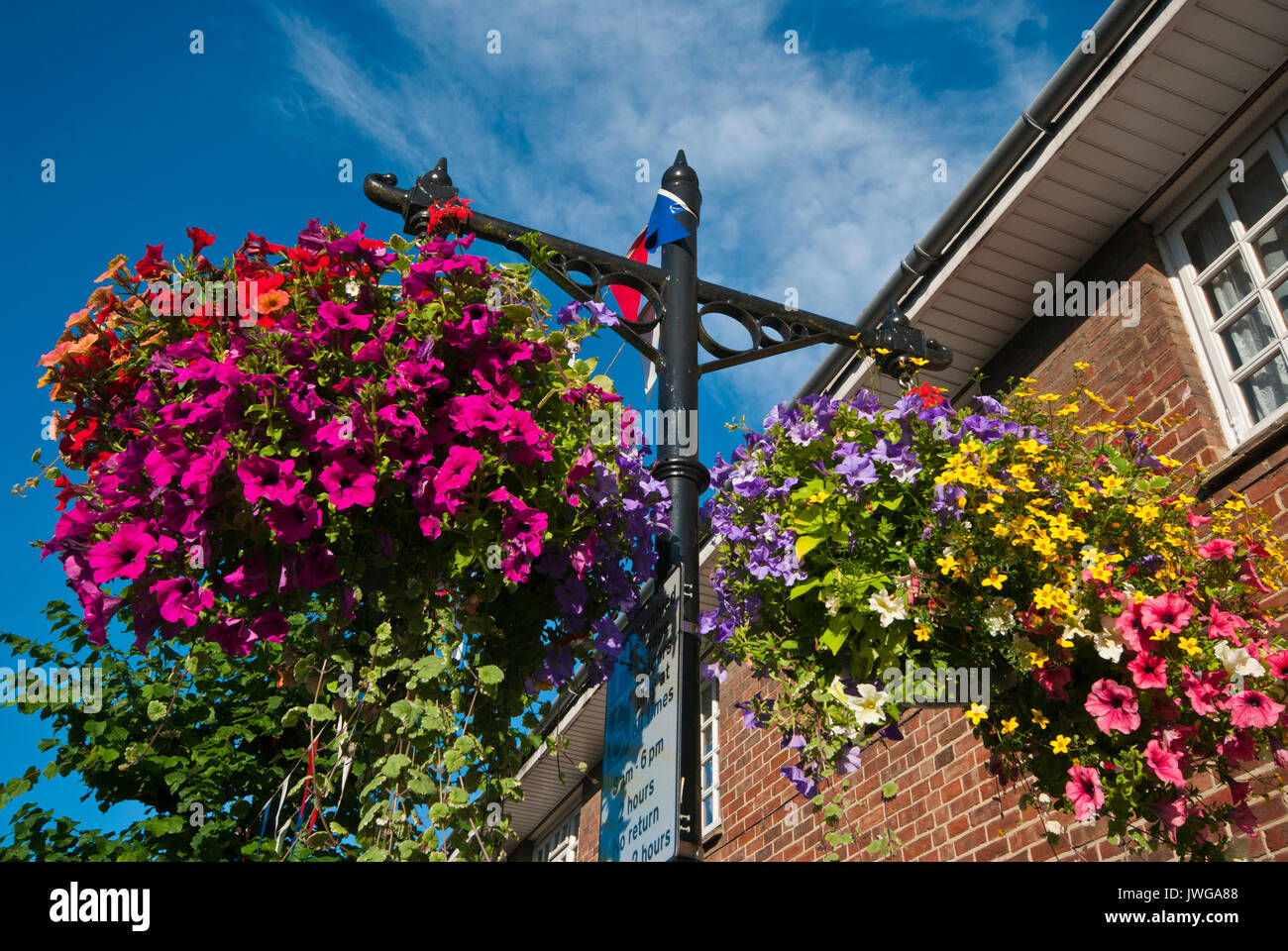 Colourful Hanging Baskets On Street Lamp posts Royal Wootton Bassett Wiltshire England UK Stock Photo