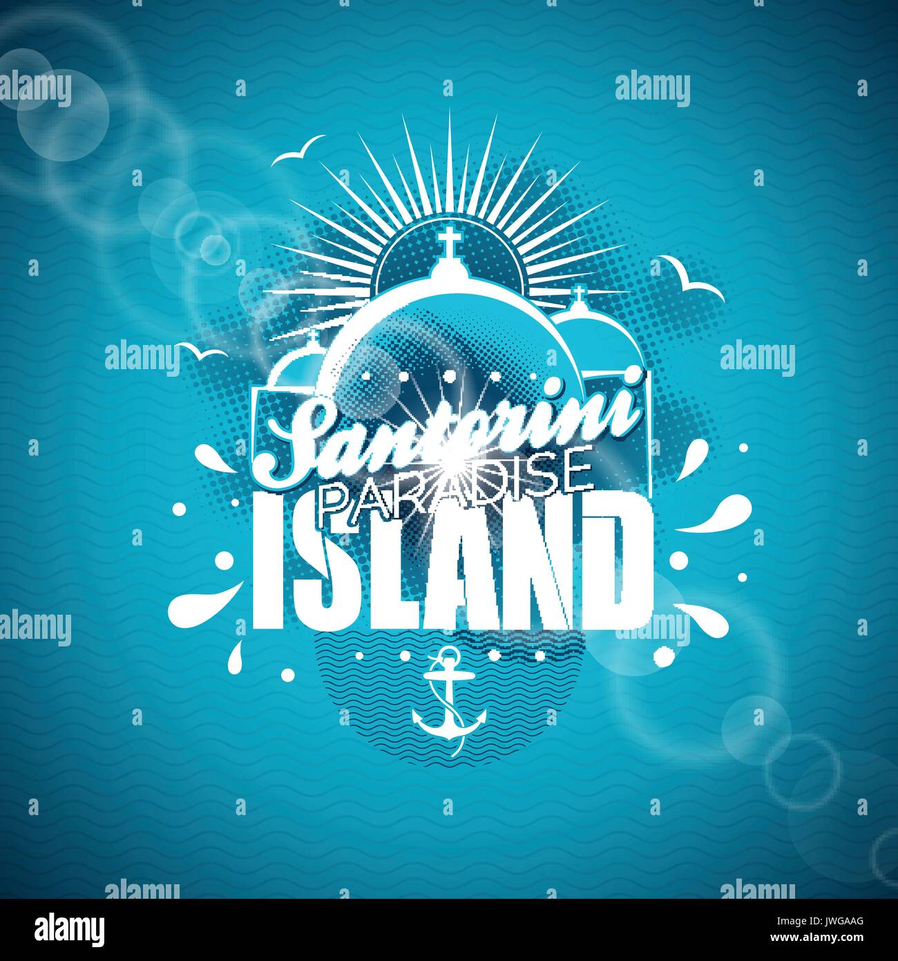 Vector Santorini Paradise Island illustration with typographic design on blue background. Eps10 illustration. Stock Vector