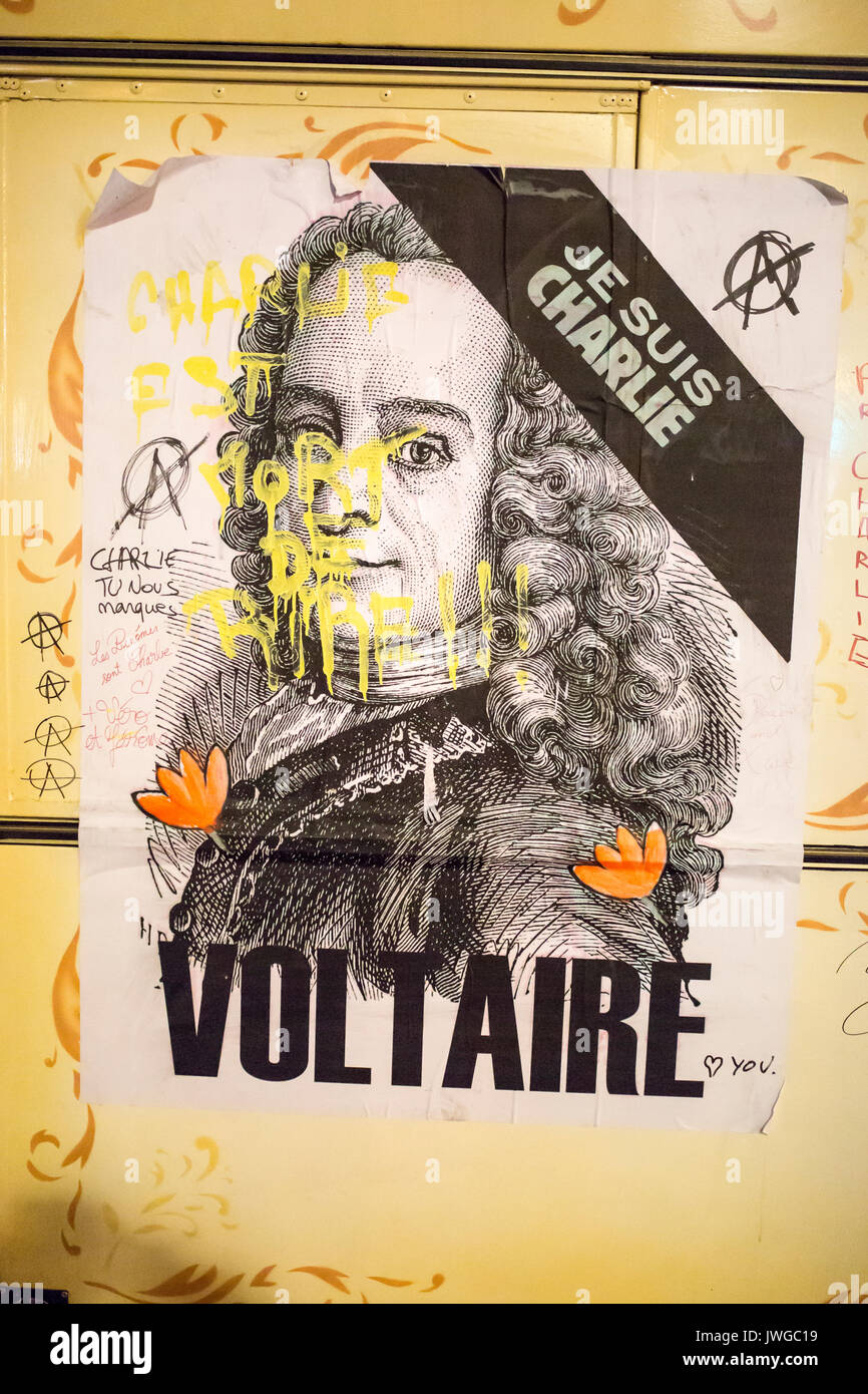 poster of voltaire and charlie . Homage at the victims of Charlie hebdo killing in Paris the 7th of january 2015. Stock Photo
