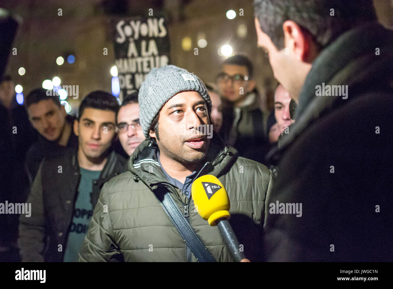 television interview in the street. Homage at the victims of Charlie hebdo killing in Paris the 7th of january 2015. Stock Photo