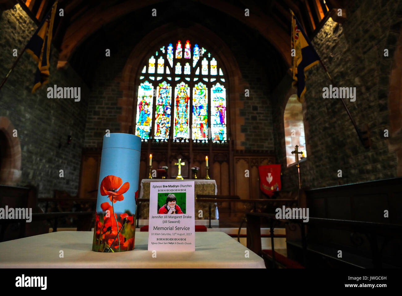 A container holding the ashes of Jill Saward inside St David's Church in Gwynedd, north-west Wales, ahead of a memorial service for the victims' rights campaigner. Stock Photo