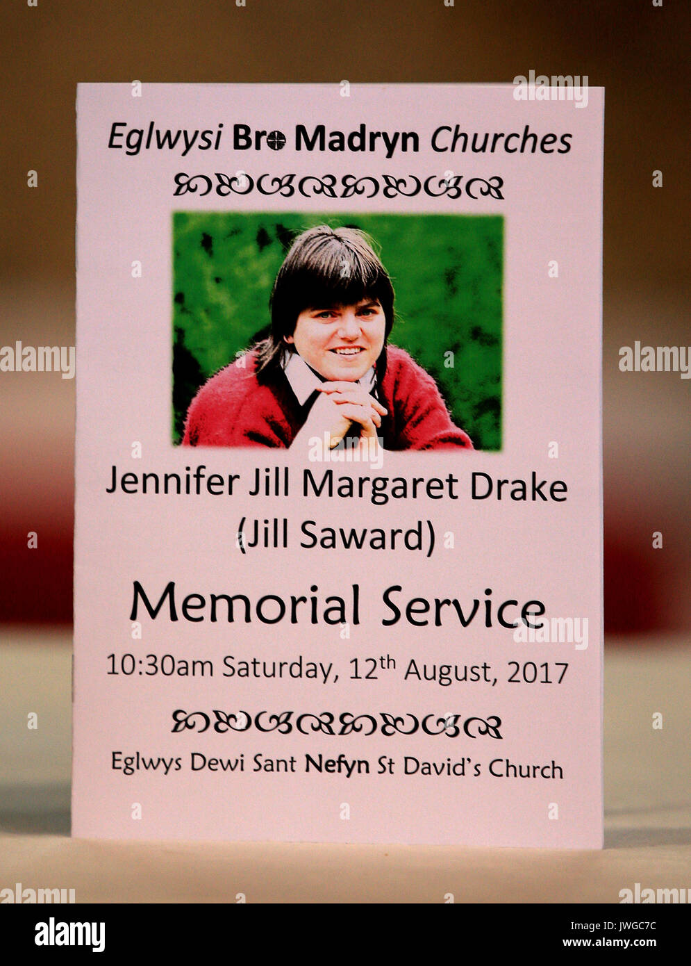 A photograph of Jill Saward inside St David's Church in Gwynedd, north-west Wales, ahead of a memorial service for the victims' rights campaigner. Stock Photo