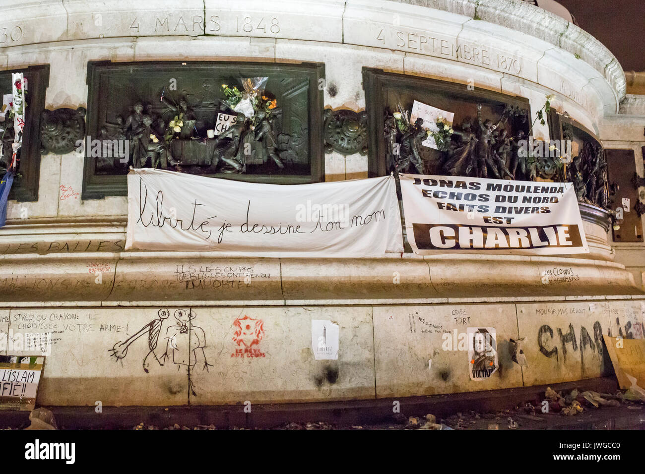 Banner liberté je dessine ton nom. Homage at the victims of Charlie hebdo killing in Paris the 7th of january 2015. Stock Photo